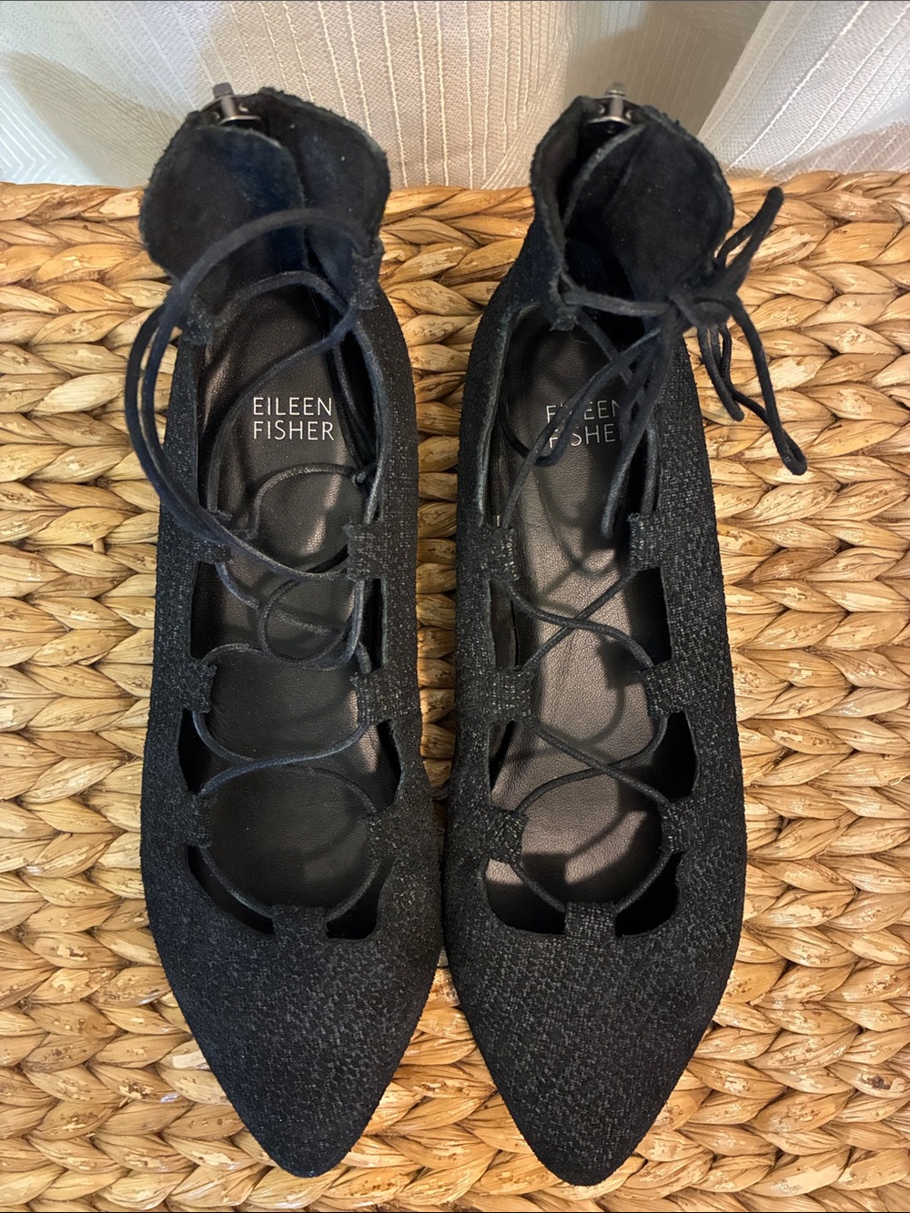 Eileen Fisher Loop 2 Lace Up Pointed Toe Ballet Flat Black Womens Sz 8
